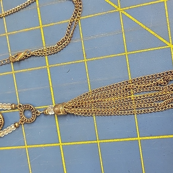 Vintage Antique Gold Tone Rhinestone Beads Tassel 30" + 3" Extension Necklace - Picture 2 of 8
